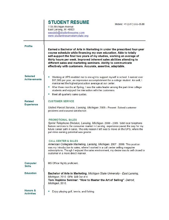 Sample resume for college working students