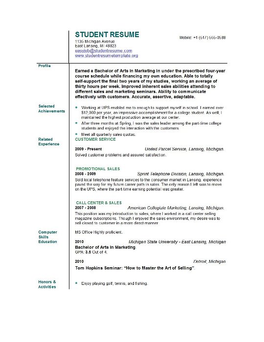 sample student resume objective